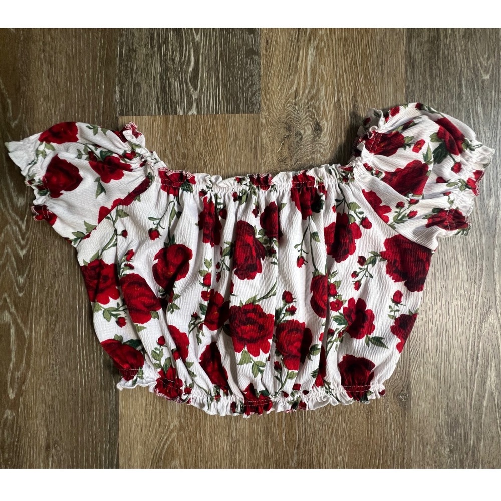 H&M Floral Crop Top Womens Large White Red Rose Off Shoulder Smocked